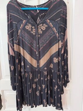 Free People Long-Sleeve Boho Floral Button Dress in Charcoal and Beige